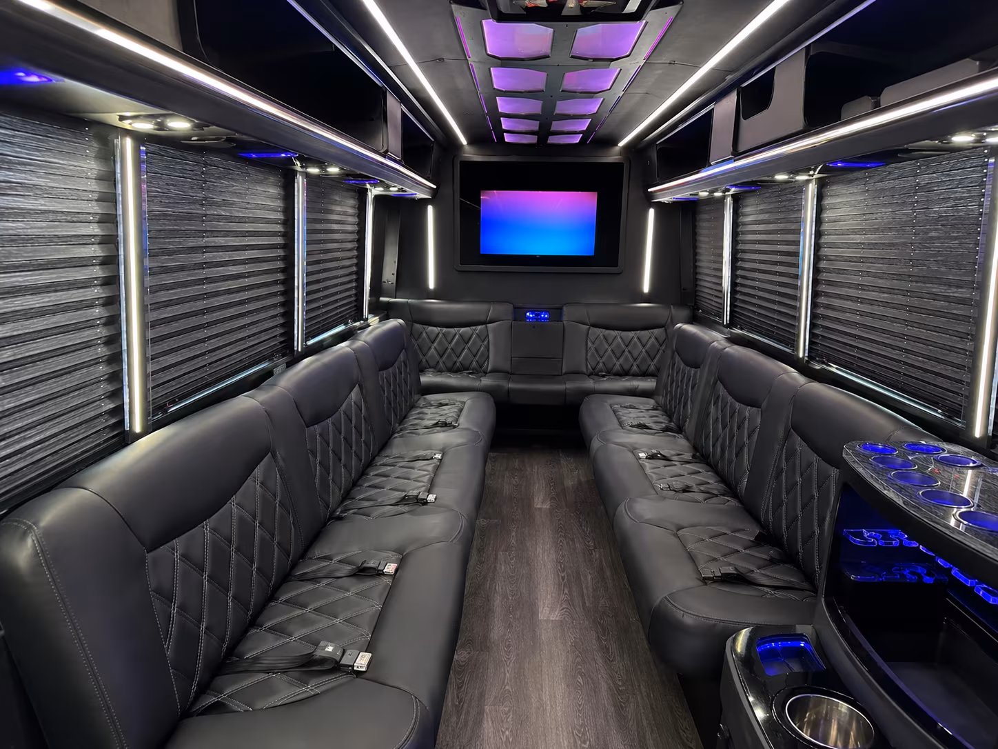 Interior of a party bus rental serving Syracuse